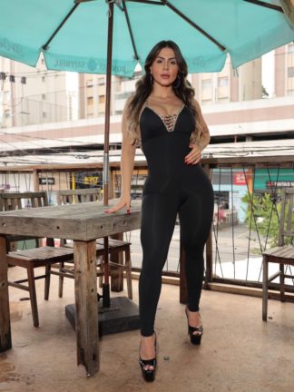 A black jumpsuit with animal print for women