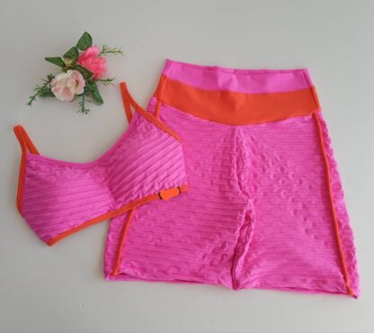 Pink Jacquard Top and Shorts Workout Set