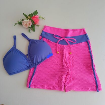 Blue Top and Pink Jacquard Shorts Workout Set